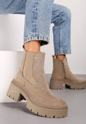 Ciemnobeżowe Botki na Słupku i Platformie Sztyblety Grunge z Elastyczną Cholewką Lericea. Brązowe botki damskie Renee, na jesień, bez wzorów, z jeansu, eleganckie, z okrągłym noskiem, bez obcasa, na obcasie, bez zapięcia. Za 149.99 zł.