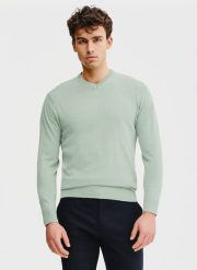 PAKO LORENTE – Zielony męski sweter w serek. Zielone swetry męskie Pako Lorente, na wiosnę, m, bez wzorów, z bawełny, bez kołnierzyka, bez ramiączek. Za 199.99 zł.