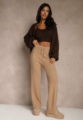 Beżowe Szerokie Spodnie z Wełną High Waist z Prążkowanego Materiału Reinna. Brązowe spodnie materiałowe damskie Renee, bez wzorów, z jeansu, casualowe, z podwyższonym stanem. Za 69.99 zł.