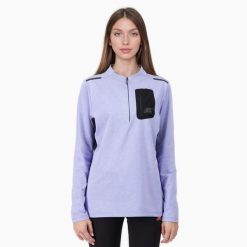 Damska koszulka do biegania z długim rękawem i półzamkiem FOCUS. Fioletowe bluzki damskie BODYCROSS, bez wzorów, z materiału, sportowe, bez kołnierzyka, bez ramiączek. Za 442.99 zł.