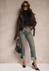 Niebiesko-Szare Jeansy High Waist z Bawełny z Efektem Postarzenia i Modnym Paskiem Rilelle. Niebieskie jeansy damskie Renee, bez wzorów, z bawełny, z podwyższonym stanem. Za 119.99 zł.