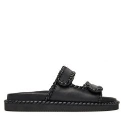 Klapki Badura. Czarne klapki damskie Badura, bez wzorów, bez obcasa, bez zapięcia. Za 249.99 zł.
