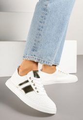 Złoto-Białe Tenisówki Ozdobione Paskami Meloti. Żółte trampki i tenisówki damskie Renee, bez wzorów, z jeansu, bez zapięcia. Za 59.99 zł.