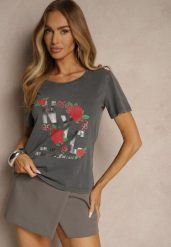 Ciemnoszary Bawełniany T-shirt z Kwiatami i Napisami Savinele. Szare t-shirty damskie Renee, l, bez wzorów, z bawełny, klasyczne, bez kołnierzyka, bez ramiączek. Za 39.99 zł.