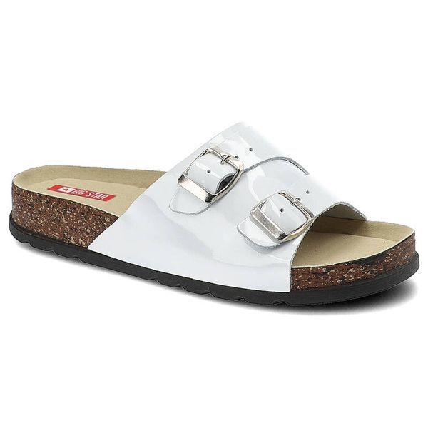 Białe Klapki Big Star Wygodne Skórzane Buty. Białe klapki damskie BIG STAR, na lato, bez wzorów, z lakierowanej skóry, retro, bez obcasa, bez zapięcia. Za 119.00 zł.