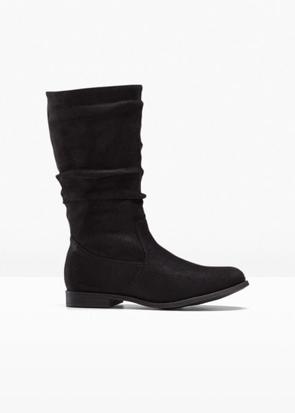 Kozaki. Czarne kozaki damskie bonprix, bez wzorów, bez obcasa, bez zapięcia. Za 169.99 zł.