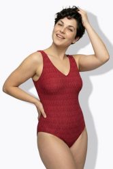 Damskie Strój kąpielowy struktura bez miękkich miseczek dekolt w serek. Czerwone stroje kąpielowe damskie Ulla Popken, plus size, bez wzorów, z elastanu. Za 191.99 zł.