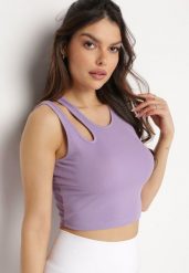 Fioletowy Prążkowany Tank Top Bez Rękawów z Ozdobnym Wycięciem Deriafa. Fioletowe topy damskie Born2be, s, bez wzorów, prążkowane, klasyczne, z asymetrycznym kołnierzem, bez ramiączek. Za 34.99 zł.