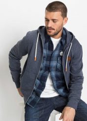 Bluza rozpinana z kapturem, z detalami z imitacji skóry. Niebieskie bluzy męskie bonprix, m, bez wzorów, ze skóry, z kapturem. Za 132.99 zł.