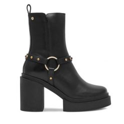 Botki Eva Minge. Czarne botki damskie Eva Minge, bez wzorów, bez obcasa, na słupku, bez zapięcia. Za 399.99 zł.