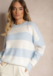Jasnoniebieski Sweter ze Ściągaczami Ozdobiony Pasami z Wełną Tiarosea. Niebieskie swetry nierozpinane damskie Renee, bez wzorów, z jeansu, casualowe, bez kołnierzyka, bez ramiączek. Za 119.99 zł.