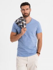 Klasyczna męska bawełniana koszulka z dekoltem w serek BASIC – niebieska V20 OM-TSBS-0237 - XXL. Niebieskie t-shirty męskie Ombre Clothing, l, bez wzorów, z bawełny, bez kołnierzyka, bez ramiączek. W wyprzedaży za 39.99 zł.