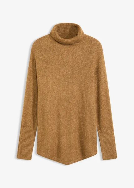 Sweter oversize. Brązowe swetry nierozpinane damskie bonprix, bez wzorów, z asymetrycznym kołnierzem, bez ramiączek. Za 122.99 zł.