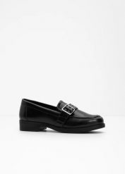 Wsuwane loafersy w stylu biker. Czarne balerinki damskie bonprix, bez wzorów, bez obcasa, bez zapięcia. Za 99.99 zł.
