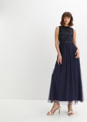 Długa sukienka z aplikacją z cekinów. Niebieskie sukienki damskie bonprix, z aplikacjami, eleganckie, bez kołnierzyka, bez ramiączek, maxi. Za 269.99 zł.