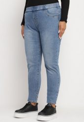 Niebieskie Jeansy Skinny z Gumką w Talii z Wysokim Stanem Neveara. Niebieskie jeansy damskie Born2be, bez wzorów, z jeansu, biznesowe, z podwyższonym stanem. Za 64.99 zł.