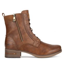 Trzewiki Mustang. Brązowe botki damskie Mustang, bez wzorów, bez obcasa, na słupku, bez zapięcia. Za 369.99 zł.