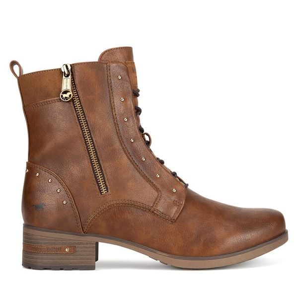 Trzewiki Mustang. Brązowe botki damskie Mustang, bez wzorów, bez obcasa, na słupku, bez zapięcia. Za 369.99 zł.