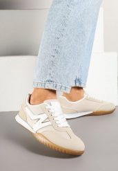 Beżowe Sneakersy Tenisówki z Ozdobną Boczną Naszywką Ranilsa. Brązowe trampki i tenisówki damskie Born2be, z aplikacjami, z jeansu, bez zapięcia. Za 89.99 zł.