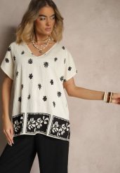 Beżowa Bluzka z Wiskozą z Krótkim Rękawem Typu Nietoperz w Kwiatowy Print Lannelle. Brązowe bluzki damskie Renee, s, bez wzorów, z jeansu, eleganckie, bez kołnierzyka, bez ramiączek. Za 39.99 zł.
