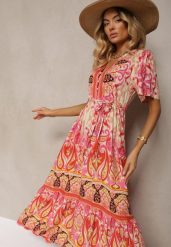 Czerwona Boho Sukienka z Wiskozy z Ozdobnymi Guzikami i Cienkim Paskiem w Talii Dimosia. Czerwone sukienki damskie Renee, na co dzień, na lato, l, bez wzorów, z wiskozy, boho, bez kołnierzyka, bez ramiączek, maxi, proste. Za 84.99 zł.