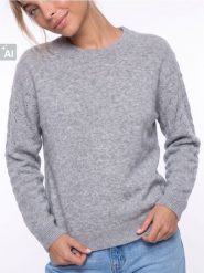 Sweter z ażurowymi rękawami, z domieszką wełny - szary. Szare swetry nierozpinane damskie Sinsay, l, w ażurowe wzory, z wełny, bez kołnierzyka, bez ramiączek. Za 49.99 zł.