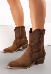 Brązowe Botki Kowbojki z Delikatnym Haftem Pionne. Brązowe botki damskie Renee, z aplikacjami, z jeansu, eleganckie, bez obcasa, na obcasie, bez zapięcia. Za 149.99 zł.