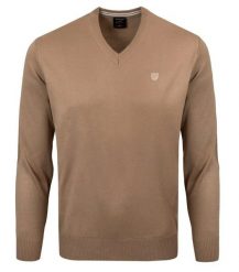 Sweter Męski Wełniany - Dekolt w Serek - Pako Jeans - Beżowy. Brązowe swetry męskie Pako Jeans, l, bez wzorów, z jeansu, biznesowe, bez kołnierzyka, bez ramiączek. Za 169.00 zł.