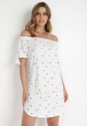 Biała Sukienka Hermusa. Białe sukienki damskie Born2be, na lato, m, z aplikacjami, z bawełny, bez kołnierzyka, bez ramiączek, mini. Za 29.99 zł.
