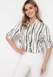 Biała Koszula z Bawełny i Wiskozy w Łańcuszkowy Wzór Zirenia. Białe koszule damskie Born2be, l, bez wzorów, z bawełny, eleganckie, bez kołnierzyka, bez ramiączek. Za 44.99 zł.