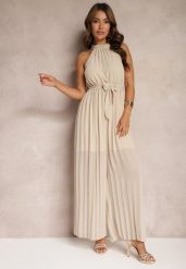 Beżowy Kombinezon z Dekoltem Typu Halter i Gumką w Talii Zolefia. Brązowe sukienki damskie Renee, bez wzorów, eleganckie, bez kołnierzyka, bez ramiączek. Za 69.99 zł.