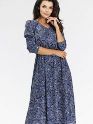 Sukienka Model A666 Navy Pattern - awama. Niebieskie sukienki damskie Awama, do pracy, l, bez wzorów, z elastanu, biznesowe, bez kołnierzyka, bez ramiączek, midi. Za 343.20 zł.