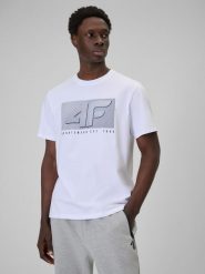 4F T-shirt regular z nadrukiem męski - biały S. Białe t-shirty męskie 4F, m, bez wzorów, z dresówki, bez kołnierzyka, bez ramiączek. Za 69.99 zł.