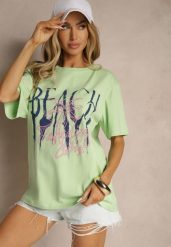 Jasnozielona Bawełniana Koszulka z Nadrukiem Savileine. Zielone bluzki damskie Renee, l, bez wzorów, z bawełny, eleganckie, bez kołnierzyka, bez ramiączek. Za 29.99 zł.
