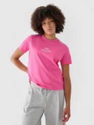 4F T-shirt regular z nadrukiem damski - różowy M. Czerwone t-shirty damskie 4F, m, bez wzorów, z bawełny, klasyczne, bez kołnierzyka, bez ramiączek. Za 39.99 zł.