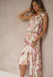 Różowa Sukienka z Satyny w Kwiatowy Wzór Fenimea. Czerwone sukienki damskie Renee, na imprezę, na lato, s, bez wzorów, z satyny, eleganckie, bez kołnierzyka, bez ramiączek, maxi. Za 129.99 zł.