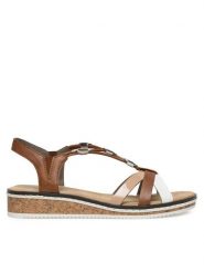 Rieker Sandały V3657-81 Brązowy. Brązowe sandały damskie Rieker, bez wzorów, z syntetyku, bez obcasa, na płaskiej podeszwie, bez zapięcia. Za 269.99 zł.