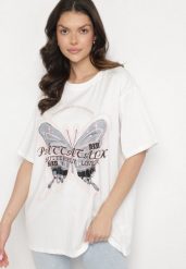 Biały T-shirt Oversize z Bawełny z Nadrukiem z Motylem Nonatira. Białe t-shirty damskie Born2be, l, bez wzorów, z bawełny, eleganckie, bez kołnierzyka, bez ramiączek. Za 49.99 zł.