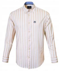 Biała, Lekko Taliowana Koszula Męska - Pako Jeans - Beżowy Prążek. Białe koszule męskie Pako Jeans, l, bez wzorów, z bawełny, casualowe, bez kołnierzyka, bez ramiączek. Za 199.00 zł.