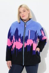 Damskie Kurtka z pluszowego polaru motyw gór stójka. Niebieskie kurtki sportowe damskie Ulla Popken, plus size, bez wzorów, z materiału, bez ramiączek, bez kaptura. Za 429.99 zł.