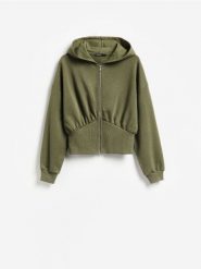 Rozpinana bluza z kapturem - ciemnozielony. Zielone bluzy damskie Reserved, l, bez wzorów, z bawełny, bez ramiączek, z kapturem. Za 129.99 zł.