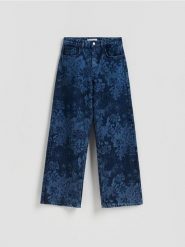 Jeansy wide leg w kwiaty - granatowy. Niebieskie jeansy damskie Reserved, bez wzorów, z bawełny. Za 179.99 zł.
