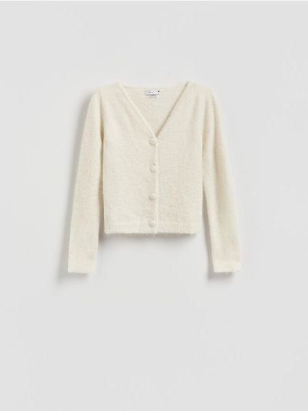 Kardigan z alpaką - złamana biel. Kardigany damskie Reserved, l, bez wzorów, z dzianiny, bez kołnierzyka. Za 259.99 zł.