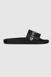 GIVENCHY Czarne klapki damskie z białym logo. Czarne klapki damskie Givenchy, bez wzorów, bez obcasa, bez zapięcia. W wyprzedaży za 899.99 zł.