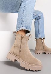 Beżowe Botki z Ozdobną Taśmą z Nadrukiem Dudrey. Brązowe botki damskie Renee, bez wzorów, bez obcasa, na płaskiej podeszwie, bez zapięcia. Za 119.99 zł.
