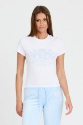 JUICY COUTURE Biały t-shirt Enzo Dog Crest. Czarne t-shirty damskie Juicy Couture, s, bez wzorów, bez kołnierzyka, bez ramiączek. W wyprzedaży za 129.99 zł.