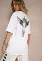 Biała Koszulka T-shirt Ozdobiona Nadrukiem na Plecach Arilora. Białe bluzki damskie Renee, l, bez wzorów, bez kołnierzyka, bez ramiączek. Za 39.99 zł.