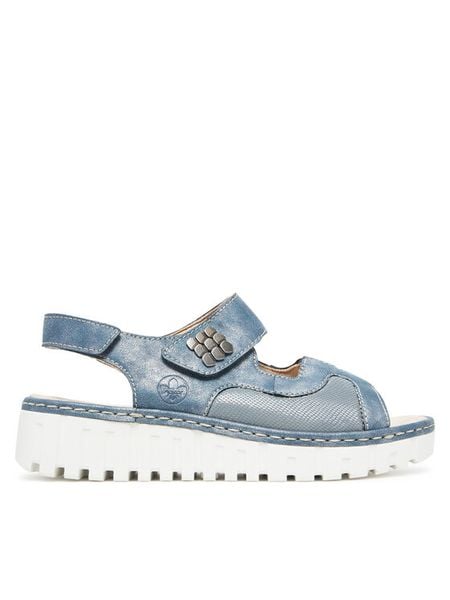 Rieker Sandały V1389-12 Niebieski. Niebieskie sandały damskie Rieker, bez wzorów, z materiału, bez obcasa, na płaskiej podeszwie, bez zapięcia. Za 263.99 zł.