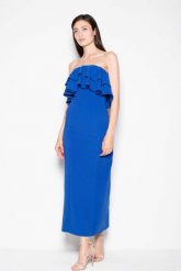 Niebieska Sukienka Długa Elegancka z Falbankami. Niebieskie sukienki damskie Venaton, l, bez wzorów, z elastanu, eleganckie, bez kołnierzyka, bez ramiączek, maxi. Za 299.00 zł.