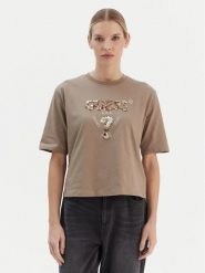 Guess T-Shirt V4YI06 I3Z14 Beżowy Regular Fit. Brązowe t-shirty damskie Guess, xl, z aplikacjami, z bawełny, bez kołnierzyka, bez ramiączek. Za 199.99 zł.